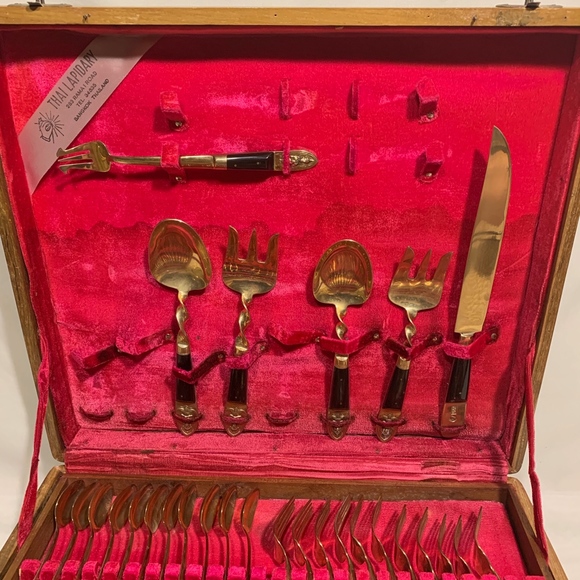 Thai Lapidary Dining 96s Vintage Bronze And Rosewood Thai Flatware
